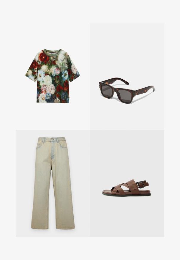 Lühikeste varrukatega T-särk, millel on lillemuster punaste, valgete, siniste ja roheliste toonidega; valmistatud pehmest kangast, ümmarguse kaelusega.; Heledad sinine laiad teksad, mis on valmistatud fliisist ja millel on pleekinud viimistlus. Omab viit taskut ja esist nuppude sulgemist.; Pruun nahast sandaalid ristipandud rihmadega, reguleeritava solgiga, lame tallaga ja siledast tekstuurist. Minimalistlik disain neutraalses värvitoonis.; Sinupruunid päikeseprillid tumedate läätsede, ruudukujulise raamiga ja hõbedaste aktsent-nööridega ees. Valmistatud plastikust, kerged ja vastupidavad.