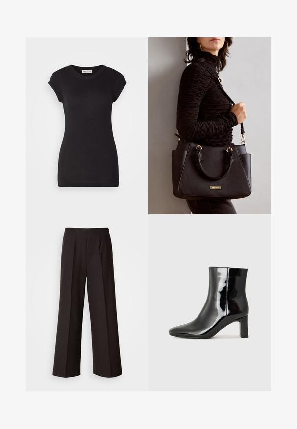 Tricou negru din bumbac cu decolteu rotund, mâneci scurte răsucite și un design ajustat. Textură netedă și stil minimalist.; Pantaloni negri cu laturi largi, cu o față plată, pliseuri și o textură de țesătură fină. Prezintă un talie înaltă și o croială ajustată pentru un fit structurat.; Botine negre din piele lacuită, cu vârful ascuțit și toc bloc de înălțime medie. Textură netedă și design minimalist.; Geantă de umăr neagră cu suprafață texturată, cu două mânere superioare și curea de umăr ajustabilă. Dispune de accesorii metalice de culoare aurie și buzunare laterale.