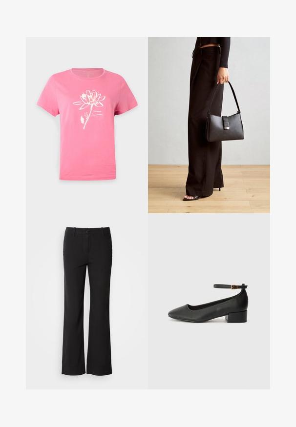 Vaaleanpunainen puuvillapaita, lyhyet hihat, jossa on valkoinen lootuskukka grafiikka ja tekstisuunnittelu. Pyöreä pääntie ja ompeluyksityiskohta.; Mustat puuvillasekoitetekstiilit, jossa on suora lahje, etunappi kiinnitys ja kaksi sivutaskua. Sileä rakenne, ei näkyviä kuvioita.; Mustat nahkakengät, joissa on terävä kärki ja matala lohkare korko. Varustettu nilkkahihnalla, jossa on kultasävyinen solki. Lisää sileä pinta.; Musta käsilaukku, jossa on rakenteellinen muoto, sileä pinta ja metallinen solki. Yhdistetty leveisiin mustiin housuihin ja avonaiheisiin sandaaleihin puulattialla.
