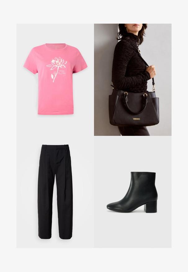 Roza bombažna majica s kratkimi rokavi z grafiko belega lotosovega cveta in besedilnim načrtom. Okrogla ovratnica s detajli šivanja.; Črne hlače s sproščenim krojem, nabranim sprednjim delom in zankami za pas. Gladek material in ravne noge, ki vključujejo stranske žepe.; Črne usnjene gležnjarje s koničastim nosom in debelim peto. Gladka tekstura z minimalnimi detajli in eleganten, prilegajoč dizajn.; Črna torbica z teksturirano površino, z dvema zgornjima ročajema in nastavljivim ramenskim pasom. Ima zlatovrateče dodatke in stranske žepe.
