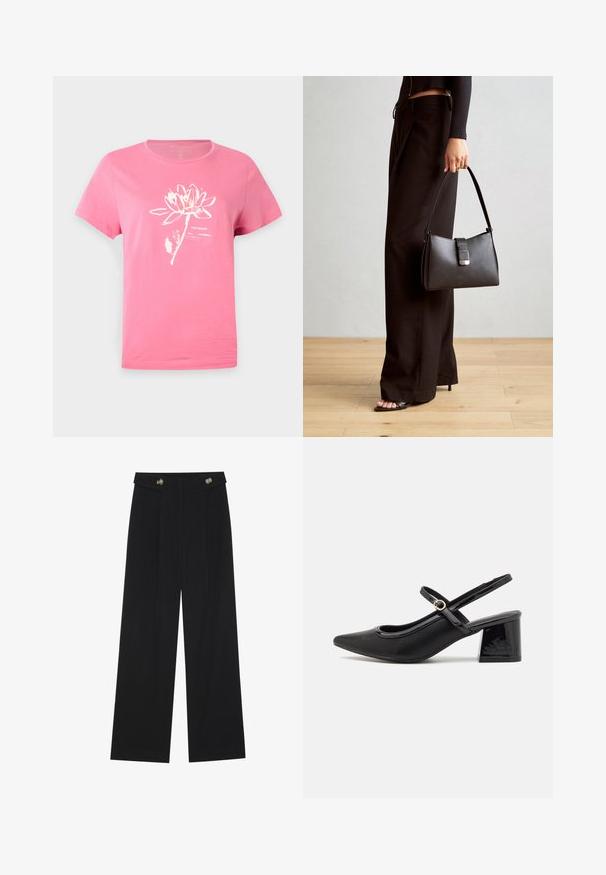 Rosa bomulls t-skjorte med korte ermer som har et hvitt lotusblomstgrafikk og tekstdesign. Rund halslinning med sømdetalj.; Svart vide bukser med høy midje, knappdetaljer på midjebåndet og frontplisser.; Sorte lakk lær slingback hæler med spiss tå, et avrundet utskjæringsdesign og blokkheel. Har en gulltone spenne som detalj.; Svart håndveske med strukturert form, jevn tekstur og metallisk lås. Kombinert med brede svarte bukser og sandaler med åpen tå på tregulv.