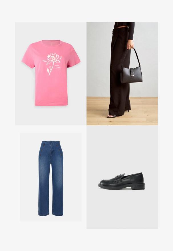 Lyserød bomulds-T-shirt med korte ærmer, som har et hvidt lotusblomstgrafik og tekstdesign. Rund hals med syning detaljer.; Højtaljede denimjeans i mellemblå. Har frontknapdetaljer og bred benlængde. Stoffet har en glat tekstur med let falmning.; Sorte læder loafers med rund tå, stikninger og en lille hæl. Glat tekstur og en fleksibel gummisål.; Sort håndtaske med struktureret form, glat overflade og metalspænde. Sammen med brede sorte bukser og sandaler med åben tå på trægulv.