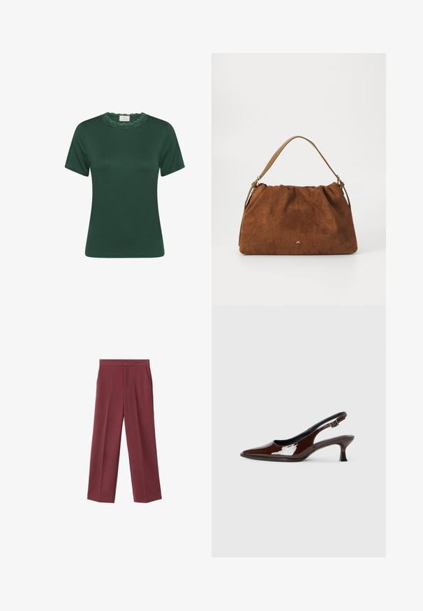Zelené tričko s krátkým rukávem vyrobené z žebrované látky. Má krajkový výstřih s vlnkovým vzorem a jemnou texturu. Rovný střih a čistý design.; Bordové kalhoty s širokými nohavicemi a hladkým povrchem, s bočními kapsami a vysokým pasem. Ušity s čistým předním záhybem.; Hnědé lakované kožené slingback boty s špičatou špičkou a mírným podpatkem. Disponují přezkou pro bezpečné upevnění. Hladký povrch.; Hnědá semišová kabelka se skládáním, s jedním světlým koženým popruhem a decentním zlatým logem na přední straně.