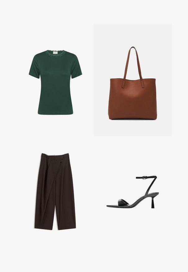 Green short-sleeve t-shirt made of ribbed fabric. Features a scalloped lace neckline and subtle texture. Straight fit and clean design.; Dark brown wide-leg trousers with a high waist, featuring a single button closure and a pleated front. Made from lightweight fabric.; Bershka High heeled sandals - black; Brown leather tote bag with a smooth texture, open top design, and two shoulder straps. Features minimal stitching and no visible hardware.