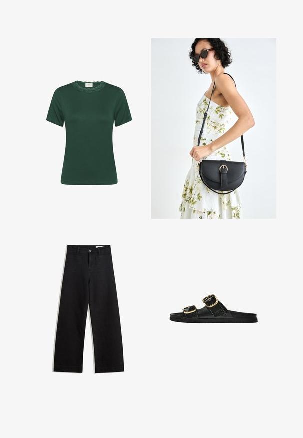 Green short-sleeve t-shirt made of ribbed fabric. Features a scalloped lace neckline and subtle texture. Straight fit and clean design.; Black wide-leg denim pants with a high waist, featuring front and back pockets, stitched seams, and a button closure. Smooth texture.; Black slide sandal with two gold buckle accents, smooth textured material, flat sole, and a minimalist design.; Black leather handbag with a curved shape, detachable strap, and gold hardware. The bag features a flap with a buckle detail.
