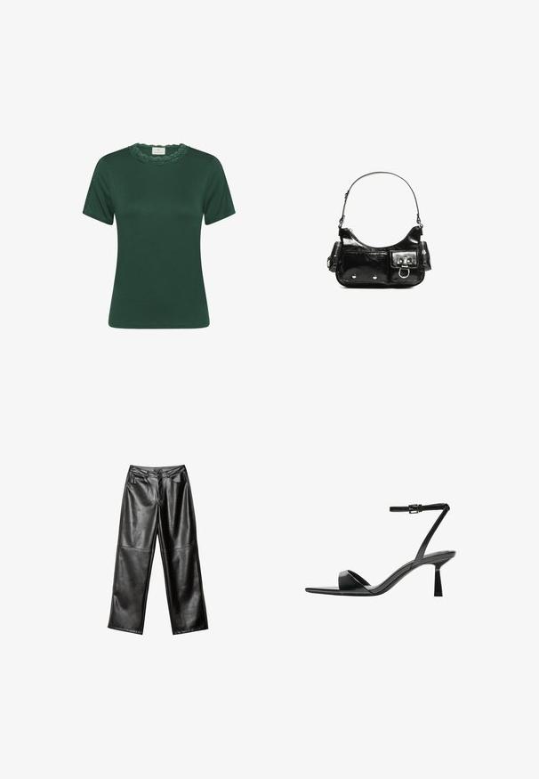 Zeleno majico s kratkimi rokavi iz rebraste tkanine. Ima robno čipkast vratni izrez in subtilno teksturo. Naravna silhueta in čist dizajn.; Črne usnjene hlače širokega kroja z gladko teksturo, petimi žepi in šivi vzdolž hlačnic ter pasu.; Bershka Sandali z visoko peto - black; Črna lakasta usnjena torbica s ukrivljeno obliko, enim ramenskim trakom, sprednjimi žepi in srebrnimi kovinskimi dodatki.