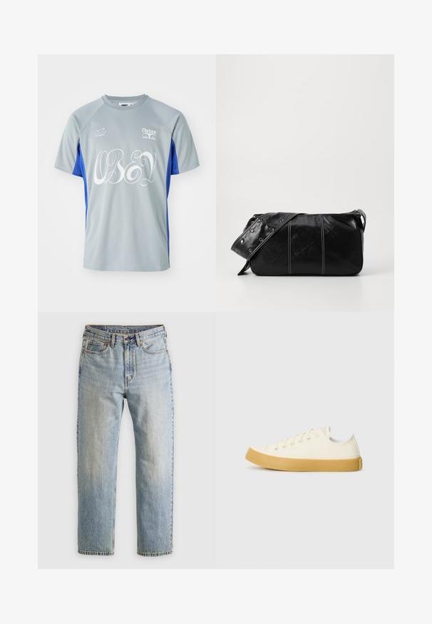Kortermet trening t-skjorte i grå og blå. Har "OBEY" i hvit skrift, med logoer på brystet og ermet. Laget av lett stoff.; Lys blå denim jeans med høy midje, frontknapp, glidelås og fem-lommers design, lagt flatt på en nøytral bakgrunn.; Canvas sneakers i off-white med rund tå, med beige gummisåler og fem hull for lisser, strukturert finish på overdelen.; Svart lær skulderveske med glidelås, med teksturert overflate, hvite sømmer og en stropp med sølvringer.