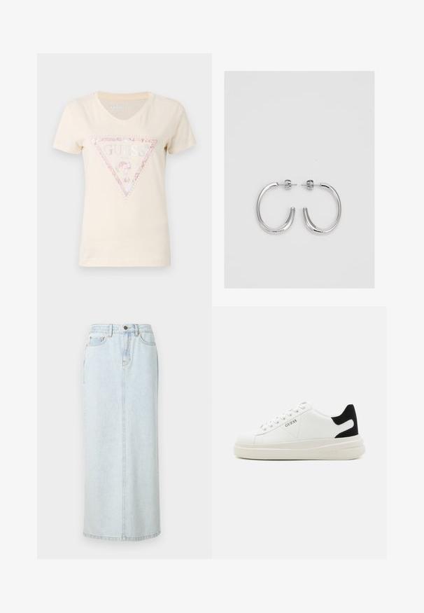 T-shirt in cotone beige a maniche corte con scollatura a V e un logo a triangolo rosa glitterato con la scritta "GUESS" e dettagli decorativi.; Gonna maxi in denim leggero azzurro con design dritto, chiusura frontale a bottoni e cuciture a vista. Presenta due tasche anteriori.; Sneaker bianchi in pelle con suola spessa bianca, accento in suede nero sul tallone e logo impresso sul lato. Design con lacci e sei fori per i lacci.; Orecchini a cerchio in argento con una finitura liscia e lucente. Forma arrotondata, design leggero, con chiusura a perno.