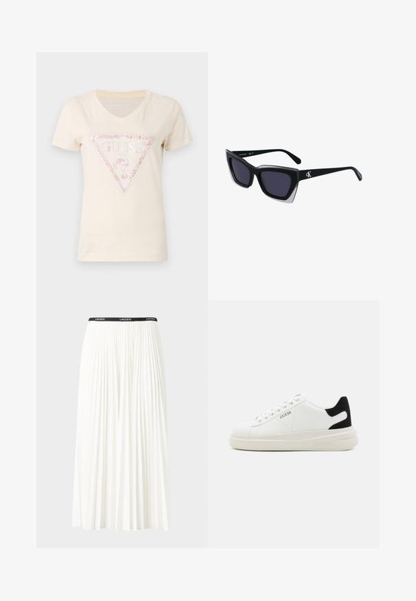 T-shirt en coton beige à manches courtes avec un col en V et un logo en triangle pailleté rose portant le texte "GUESS" et des accents embellis.; Jupe plissée blanche avec une taille élastique noire portant le logo "LACOSTE". Design mi-long avec une texture douce.; Baskets en cuir blanc avec une épaisse semelle blanche, un accent en daim noir au niveau du talon et un logo embossé sur le côté. Design à lacets avec six œillets.; Lunettes de soleil noires surdimensionnées avec une forme géométrique, dotées de verres foncés et d'un détail gris contrastant sur la monture. Logo sur la branche.