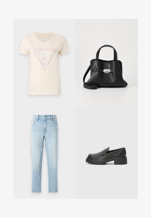Šviesiai rudų medvilninių marškinėlių su trumpomis rankovėmis, V formos iškirpte ir rožiniu blizgučių trikampio logotipu, kuriame yra užrašas "GUESS" ir dekoratyviniai akcentai.; Šviesiai mėlyni džinsai, tiesaus kirpimo, vidutinio juosmens, su penkiomis kišenėmis ir mygtukų užsegimu priekyje.; Juodi odiniai loaferiai su apvaliu pirštu, storu tekstūruotu padu ir minimaliu siūlių dekoru. Išskirtinis dizainas be matomų raištelių ar furnitūros.; Juodas odinis rankinės su tekstūruota apdaila, turintis dvi viršutinės rankenos, nuimamą peties diržą ir sidabrinį užsegimą.
