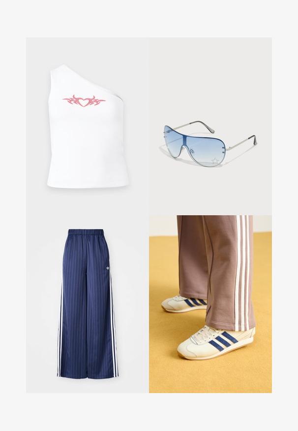 Aszimmetrikus, fehér, ujjatlan felső, amelyen egy rózsaszín törzsi szívminta található a mellrészen; puha, rugalmas pamut anyagból készült.; Tengerészkék, széles szárú nadrág függőleges fehér csíkokkal, rugalmas derékpánttal és mindkét oldalon három fehér csíkkal, könnyű anyagból készült.; Krém színű sneakers, kék velúr csíkokkal, fehér fűzővel és gumitalppal. Szürke melegítőnadrággal párosítva, fehér oldalsó csíkokkal.; Pilóta napszemüveg, melynek áttetsző kék lencséje, ezüst fém kerete és díszes csillag díszítések találhatók a lencsén. Simogató és elegáns dizájn.