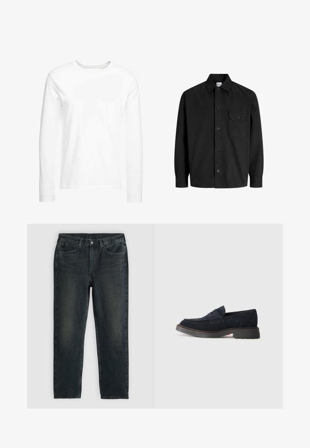 Garā piedurkņu balta T-krekls, kas izgatavots no mīksta kokvilnas. Apaļa kakla izgriezuma forma ar taisnām apakšmalām un bez redzamām rakstiem vai grafikas.; Melna garām piedurknēm pogājama kreklā ar apkakli un vienu krūšu kabatu ar pogājamā vāka dizainu.; Tumši zili džinsi ar taisnu kāju griezumu, ar piecām kabatām, rāvējslēdzēju un kontrastējošām diegvīlēm. Auduma viegla izbalēšana.; Jūras zila zamšādas loaferkurpes ar noapaļotu purngalu, dekoratīvu stīgvošanu un gumijas zoli ar nelielu paaugstinājumu. Noturīgs materiāls un dizains.