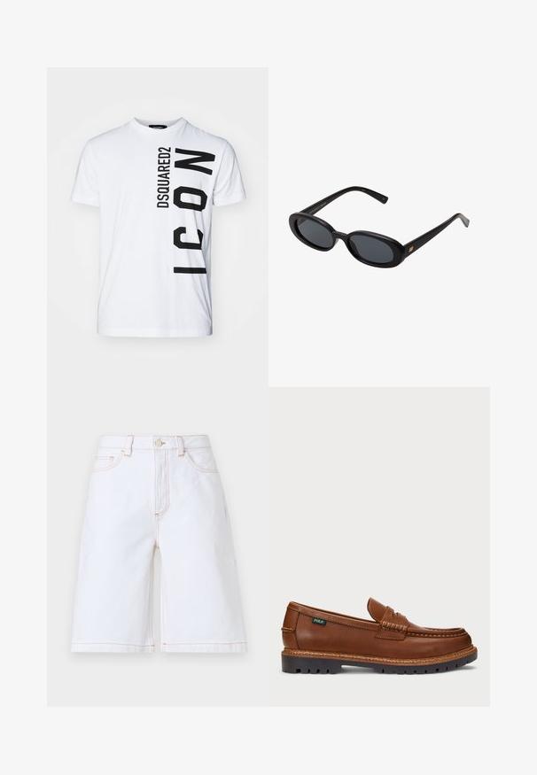 Valge puuvillane T-särk ümmarguse kaelusega, millel on julged mustad vertikaalsed kirjad "DSQUARED2 ICON." Lühikesed varrukad ja lõdva lõikega.; Valged denimi lühikesed püksid, millel on sirge lõige, viis taskut ja kontrastne pruun õmblus. Sisaldab ees nupul ja tõmblukku.; Pruun nahast madal king, millel on dekoratiivne õmblus ja tekstureeritud varvas. Talla disain on robustne, pakkudes haarduvust ja vastupidavust.; Mustad mustad prillid ovaalsete läätsedega, sujuvast plastmassraamist ja kuldsete aktsentidega tempel. Tumedaid läätsi, mis pakuvad päikese kaitset.
