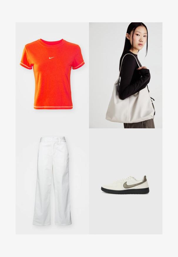 Tricou roșu scurt, din bumbac, cu guler rotund ribbed și mâneci scurte. Prezintă un mic logo alb Nike pe față.; Pantaloni largi albi din bumbac, cu o textură fină, croi drept, buzunare frontale și tiv curat.; Nike Sportswear FIELD GENERAL - Sneakers low - off-white/black; Geantă bej din material moale, cu un design lejer, detalii cusute și două bretele pentru umăr. Potrivită pentru utilizarea zilnică.