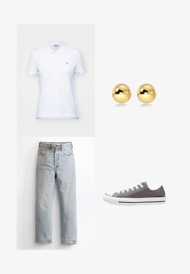 Valge polo särk klassikalise kaelusega, lühikeste varrukatega ja viie nööpauguga. Rinnal on väike brodüüritud logo.; Heledad sinine teksapüks, sirge jala disainiga, mis on varustatud kulunud serva, vasknööpide ja klassikalise viie tasku stiiliga.; Hallatud hall kangast spordijalats valge kummist tallaga, musta triibuga ja metallist silmadega. Omab ümarat varvastes, madalat disaini ja tekstuurset kangast.; Kuldsetest sfäärilistest kõrvarõngastest, millel on läikiv ja peegelduv pind. Disain on lihtne ja sile, luues kaasaegse ning minimalistliku ilme.