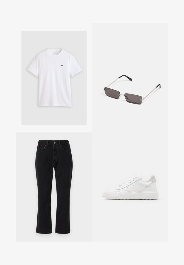 Tricou alb din bumbac, cu mâneci scurte și guler rotund, având un mic logo Levi's negru pe partea stângă a pieptului.; Jeans din denim negru cu un design drept al piciorului, stil cu cinci buzunare și accesorii metalice cu accente de cupru. Textură netedă și talie medie.; Adidași din piele albă cu un finisaj neted, vârf rotunjit, șireturi plate și o talpă texturată. Accente din piele întoarsă gri la călcâi.; Ochelari de soare cu lentile dreptunghiulare, gri închis, rame din metal argintiu și vârfuri din plastic negru pe brațe. Design ușor, cu pad-uri pentru nas.