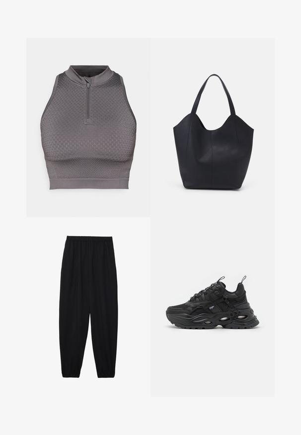 Grauer athletischer Crop-Top mit Reißverschlusskragen, strukturierter Oberfläche, figurbetontem Design und glattem Abschluss an Saum und Armausschnitten.; Schwarze, leichte Hosen mit einem elastischen Bund und gerafften Knöcheln. Der Stoff ist glatt und hat ein entspanntes, schmal zulaufendes Design.; Schwarze Sportlichkeit Sneaker mit Obermaterial aus Mesh und synthetischem Leder, abgerundete Zehenpartie, klobige Sohle mit Ausschnitten und gemusterten Schnürsenkeln.; Schwarze Tote-Bag aus glattem Leder, mit einem abgerundeten, offenen Oberteil, zwei Schulterträgern und einem minimalistischen Design.
