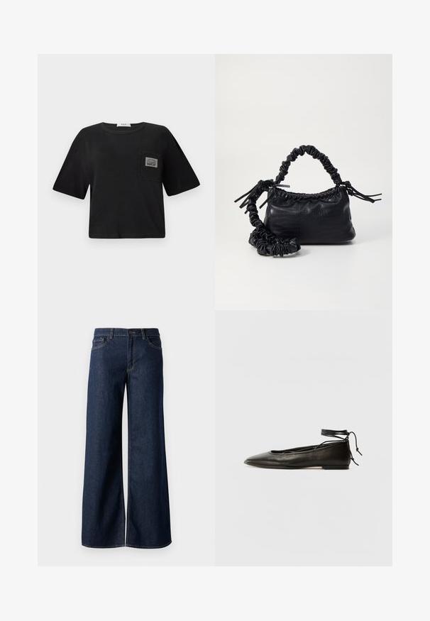 Fekete, rövid fazonú pamut póló, kerek nyakkivágással és rövid ujjakkal. Párna zsebbel rendelkezik, rajta a "REPLAY" felirattal.; Sötét kék farmer széles lábú nadrág. Kontrasztos varrással, öt zsebhálóval és gombos derékzárással rendelkezik. Simás textúra.; Fekete bőr balettcipők hegyes orral, bokakötővel és lapos talppal, sima textúrával és minimalista dizájnnal.; Fekete műbőr kézi táska krokodil bőr textúrával, összehúzható tetejű és gyűrt pánttal. Lágy és kompakt dizájnúnak tűnik.