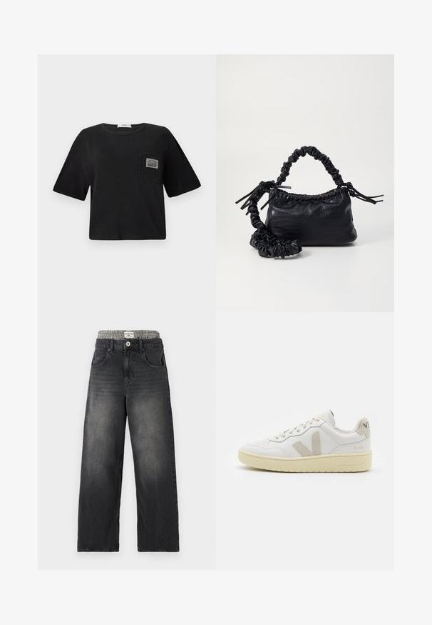 Sort cropped t-shirt lavet af bomuld, med rund halsudskæring og korte ærmer. Inkluderer en lomme med en "REPLAY" label.; Sorte denim bredbenede jeans med et houndstooth-mønster i taljen. Funktioner inkluderer sidelommer og en knaplukning. Slidt tekstur.; Hvide lærreds sneakers med beige ruskindsdetaljer, perforeret tåboks, flade snørebånd og en struktureret cremefarvet sål. Har diskret branding på hælen.; Sort kunstlæder håndtaske med krokodilteksur, indsnøret top og en sammenkrøben rem. Ser blød og kompakt ud i designet.
