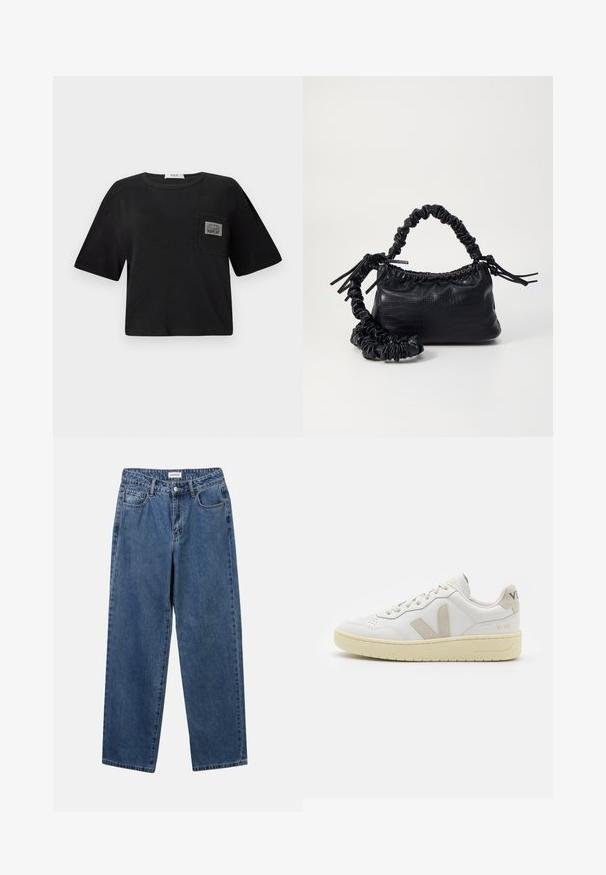 Mustan lyhyen croppitopin tehdään puuvillasta, jossa on pyöreä pääntie ja lyhyet hihat. Sisältää päällyspocketin, jossa on "REPLAY"-merkki.; Classiset siniset farkut suoran lahkeen muotoilulla, viidellä taskulla ja napillakaan. Ominaisuudet: keskivahva pesu ja kestävä rakenne.; Valkoiset nahkakengät, joissa on vaaleanruskeat pigmenttisuojat, rei'itetty kärki, litteät nauhat ja teksturoitu kermaisa pohja. Takana on huomaamaton brändäys.; Must-have mustekahvi nahkalaukku krokotiiliaistalla, kiristetty yläosa ja rypistetty hihna. Näyttää pehmeältä ja kompaktilta muotoilultaan.