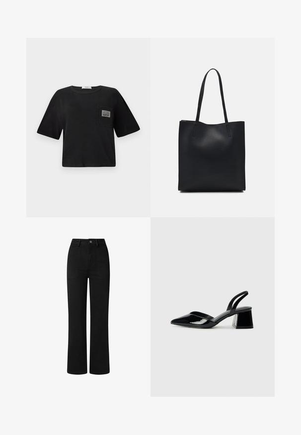 Camiseta cropped preta feita de algodão, com decote redondo e mangas curtas. Inclui um bolso com um rótulo "REPLAY".; Calças pretas de cintura alta com um design de perna reta, feitas em tecido de algodão suave. Apresentam bolsos frontais e um fecho simples de botão metálico.; Sandy em verniz preto com salto slingback, ponta afilada e salto geométrico. Apresenta um design elegante e minimalista com textura suave.; Bolsa tote preta em couro com textura lisa, forma retangular e duas alças longas. Sem hardware ou enfeites visíveis.