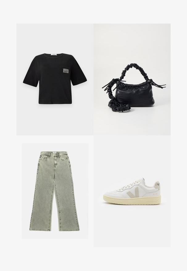 Schwarzes, kurzes T-Shirt aus Baumwolle, mit rundem Ausschnitt und kurzen Ärmeln. Enthält eine aufgesetzte Tasche mit einem "REPLAY"-Label.; Weite Jeans in hellgrauem Denim mit hoher Taille, vorderen Taschen und rohem Saum. Eine distressed Textur sorgt für visuelles Interesse.; Weiße Ledersneaker mit beigen Wildlederakzenten, perforierte Zehenbox, flache Schnürsenkel und eine strukturierte cremefarbene Sohle. Mit dezentem Branding an der Ferse.; Schwarze Handtasche aus Kunstleder mit Krokodilstruktur, gerafftem oberen Teil und einem geschoppten Tragegurt. Sie wirkt weich und kompakt im Design.