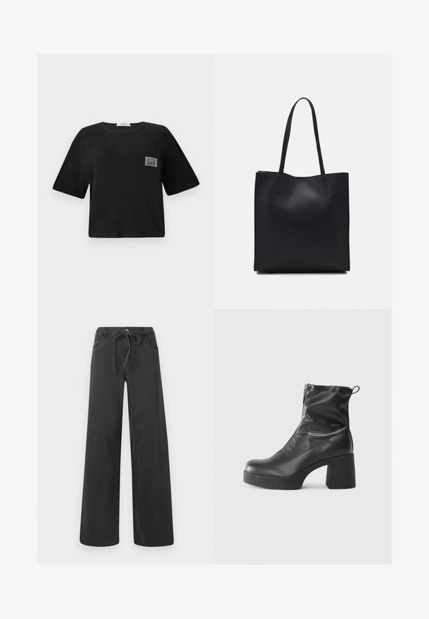 Svart kortärmad t-shirt i bomull, med rund halsringning och korta ärmar. Inkluderar en bröstficka med en "REPLAY"-etikett.; Svarta vida jeans i denim, med dragsko i midjan, två framfickor och en slät yta. Inga synliga mönster eller detaljer.; Svarta ankelstövlar i slitstark läder, med sidodragkedja, kraftig strukturerad klack och rundad tådesign.; Svart lädertoffelväska med slät textur, rektangulär form och två långa handtag. Ingen synlig hårdvara eller dekorationer.