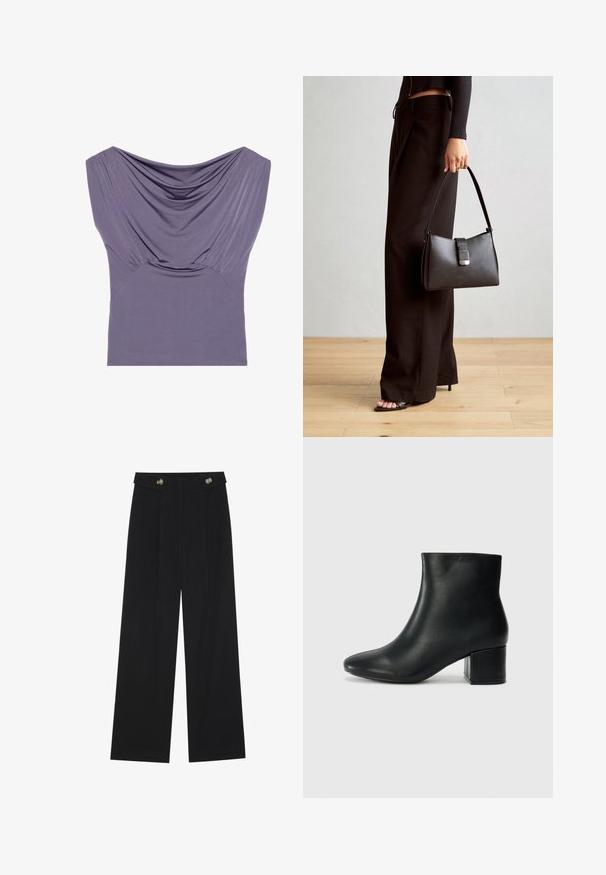 Ljubičasti uski top s drapiranim dekolteom, kratkim rukavima i nabranom teksturom, napravljen od mekog, rastezljivog materijala za udobnost.; Crne hlače širokih nogavica s visokim strukom, s dugmadi na pojasu i prednjim nabora.; Crne kožne čizme do članaka s uskim vrhom i debelim potplatom. Glatka tekstura s minimalnim detaljima i elegantan, prilagođen dizajn.; Crna torba s oblikom koji sadrži strukturu, glađu teksturu i metalnu kopču. Uparena s širokim crnim hlačama i sandalama na otvorenom s drvenog poda.