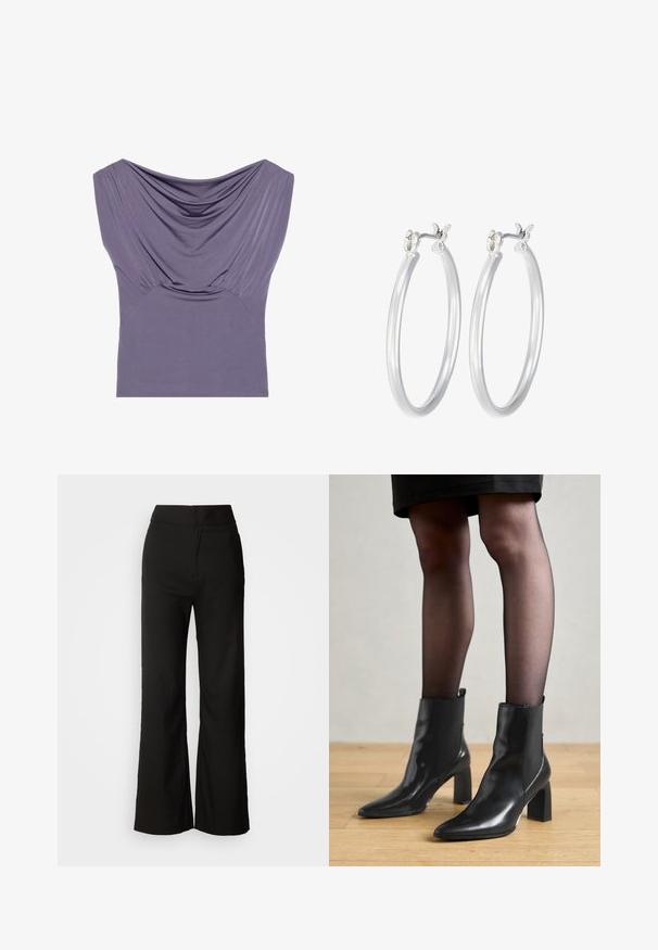 Purple fitted top with draped neckline, short sleeves, and gathered texture, made from soft, stretchable fabric for comfort.; Black wide-leg trousers with a smooth texture, high waist, and a clean design. No visible pockets or embellishments.; Black leather ankle boots with a pointed toe, chunky square heel, and sleek design. Features elastic side panels for easy wear.; Silver hoop earrings with a smooth, polished finish. Round shape and secure click-top closure. Lightweight design suitable for everyday wear.