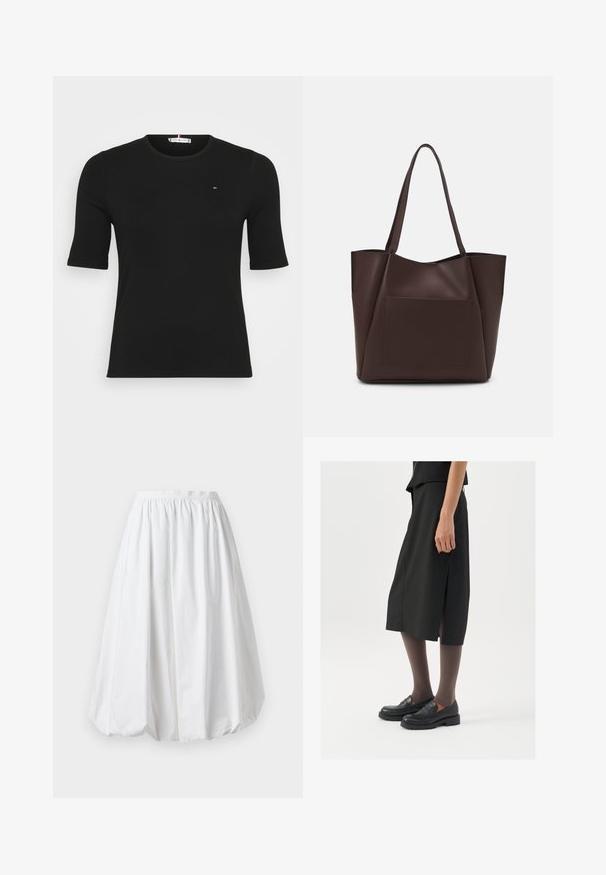 Schwarzes, geripptes T-Shirt mit kurzen Ärmeln, rundem Halsausschnitt und kleinem Logo auf der Brust, vor einem schlichten weißen Hintergrund.; Weißer, knielanger Rock mit einem elastischen Bund und einer Ballonform. Hergestellt aus leichtem Material mit glatter Textur.; Schwarzer knielanger Rock mit seitlichem Schlitz, kombiniert mit schwarzen Loafers und transparenten braunen Strumpfhosen, aus glattem Stoff und mit einem schlichten Design.; Braune Tragetasche aus glattem Material, mit einer großen Fronttasche, zwei Griffen und einem vereinfachten, strukturierten Design.; Silberne Creolen mit einer glatten, polierten Oberfläche und einer dünnen, runden Form. Das Design verfügt über einen sicheren Verschluss.