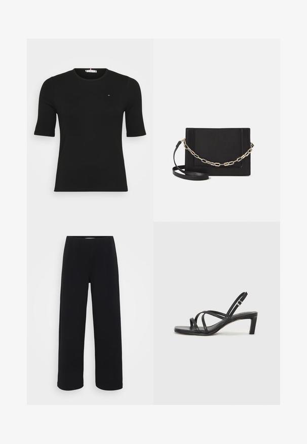 Zwart geribbeld T-shirt met korte mouwen, voorzien van een ronde halslijn en een klein logo op de borst, weergegeven tegen een effen witte achtergrond.; Zwarte wijde broek met een elastische tailleband. Gemaakt van een gestructureerd materiaal, met een losse pasvorm en rechte snit van heup tot zoom.; Zwarte sandaal met bandjes, vierkante teen en een lage blokhak. Voorzien van meerdere dunne bandjes en een verstelbare enkelband. Gemaakt van zacht leer.; Zwarte leren schoudertas met een gladde textuur, rechthoekige vorm en een metallic kettingdetail aan de voorkant. Verstelbare schouderband inbegrepen.