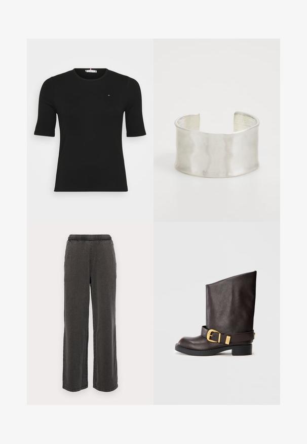 Top preto canelado de mangas curtas com um decote redondo e um pequeno logótipo no peito, colocado sobre um fundo branco liso.; Calças largas de cor cinza-escuro, feitas de um tecido suave, com uma cintura elástica, apresentando dois bolsos laterais e bainhas retas. Sem padrões visíveis.; Bota de couro castanha escura até ao meio da panturrilha, com sola preta, salto baixo e tira decorativa com fivela dourada à volta do tornozelo, apresentada de lado.; Zign Pulseira - silver-coloured