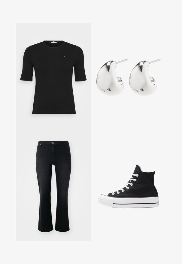 Must mustriba lühikeste varrukatega topp, millel on ümar kaelus ja väike logo rinnal, asetatud lihtsalt valgele taustale.; Mustad teksad keskmise kõrgusega talje, ees nööp, kaks ees taskut, kaks taga taskut ja lehviva sääre lõige.; Kõrge must kangast spordijalats valgete silmade, paelte ja kummitaldiga. Omab tekstuuriga varbakatet ja musta-valge triibuga aktsente.; Hõbedased kõrvarõngad, millel on sile, kumer disain. Need on viimistletud poleeritud pinnaga ja neil on kinnituseks post tagasi, tagades kindla kandmise.