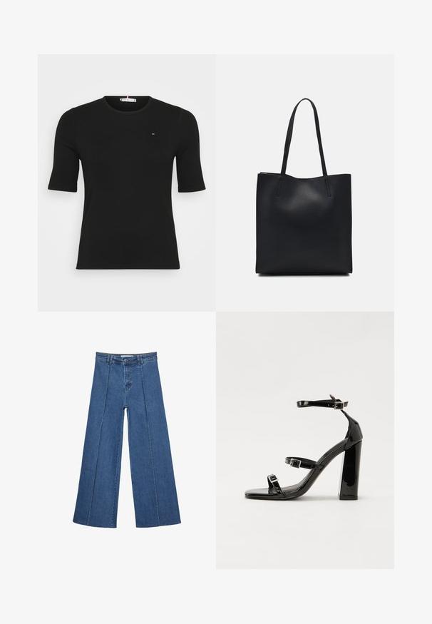 Top nero a righe con maniche corte, presenta un collo rotondo e un piccolo logo sul petto, su uno sfondo bianco semplice.; Jeans in denim a gamba larga di blu medio, con vita alta, chiusura con bottone e dettagli delle cuciture verticali a contrasto lungo la parte anteriore.; Sandali con tacco in vernice nera, con punta squadrata, cinturini alla caviglia e fibbie in argento. Presentano un tacco a blocco spesso per maggiore stabilità.; Borsa tote in pelle nera con texture liscia, forma rettangolare e due manici lunghi. Nessun hardware o decorazione visibile.