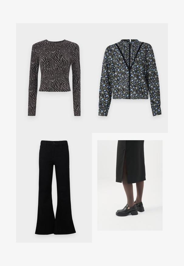 Maglietta nera a maniche lunghe con un motivo zebrato testurizzato e accenti metallici. Design aderente, scollatura rotonda e taglio cropped.; Blusa nera floreale con motivi blu chiaro e verdi, maniche lunghe, collo alto e chiusura centrale con dettagli in pizzo.; Jeans a vita alta neri in denim, con cinturino con bottone, design a cinque tasche e una superficie liscia. Orlo svasato distintivo.; Scarpe in pelle nera con punta arrotondata, tacco spesso a blocco e accenti laterali in elastico, abbinate a collant scuri e una gonna nera con uno spacco.