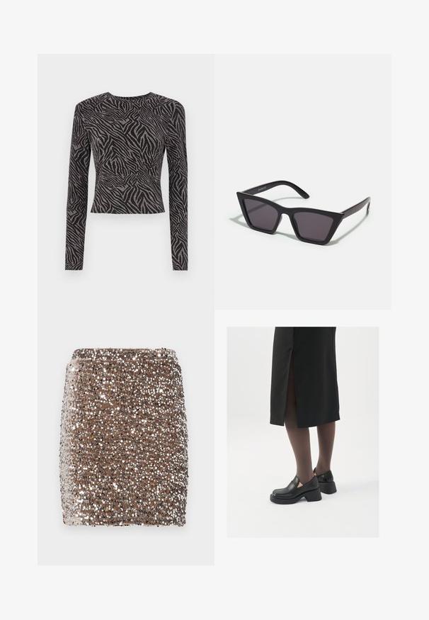 Pikkade varrukatega must topp, millel on tekstuuriga sebra muster ja metallilised aktsendid. Kitsa lõikega, ümar kaelus ja lühem lõige.; Pruunist litridest miniseelik, millel on toetav disain ja mis on kaetud peegelduvate hõbedaste litritega, luues tekstuurse ja sädeleva efekti.; Mustad mustad jalatsid ümmarguse varbaga, paksu plokkniidi ja elastsete külgdetailidega, kombineeritud tumedate sukkade ja musta lõhikuga seelikuga.; Mustad mustrakellad, millel on hallid šabloonid; valmistatud plastist, paksude ja siledate kätega, ilma nähtava riistvarata.