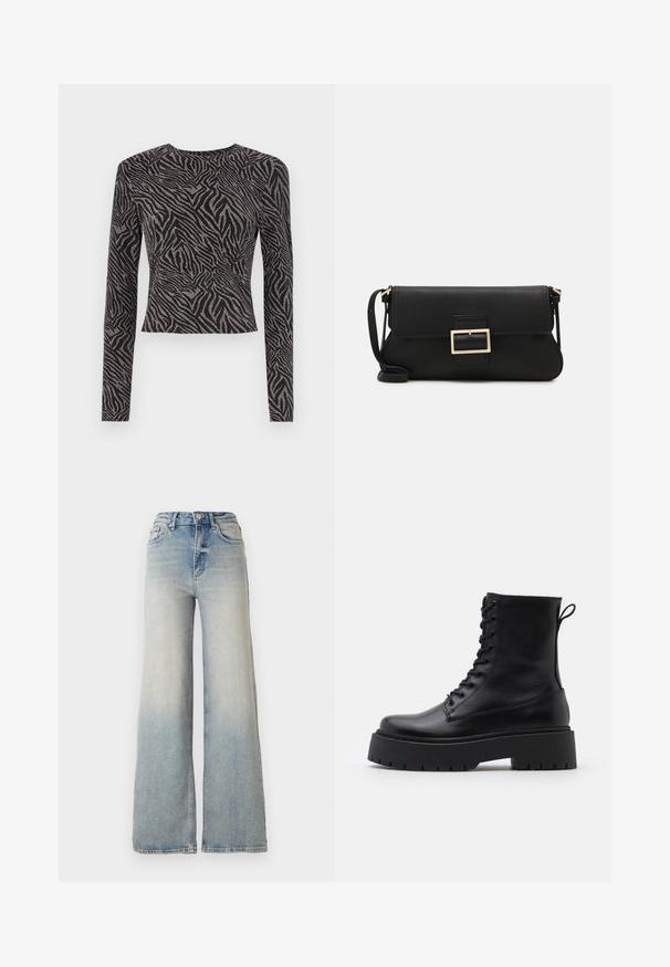 Čierny top s dlhými rukávmi, ktorý má textúrovaný zebrový vzor s metalickými akcentmi. Priliehavý strih, okrúhly výstrih a skrátený strih.; Svetlomodré džínsy s širokými nohavicami vyrobené z denimu, s vysokým pásom, piatimi vreckami a viditeľnými stehmi pozdĺž švov.; Čierne kožené členkové topánky s okrúhlou špičkou, šnurovaním vpredu a hrubou gumovou podrážkou s textúrovaným vzorom. Sťahovací pútko na zadnej strane.; Čierna kožená clutch taška s klopou a zlatým kovovým detailom s prackou. Obsahuje čierny remienok a elegantný, minimalistický dizajn.; Zlaté kruhové náušnice, tenké a okrúhleho tvaru, s hladkým kovovým povrchom a bez ozdôb alebo vzorov.