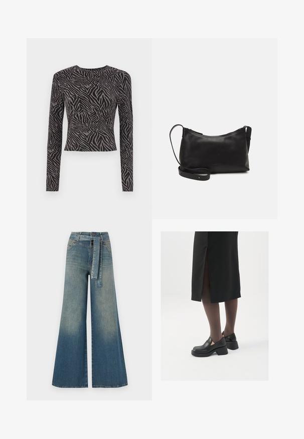 Long-sleeve black top featuring a textured zebra pattern with metallic accents. Fitted design, round neckline, and cropped cut.; Wide-leg denim trousers featuring a light to dark blue gradient, high waist, belt loops, and a matching fabric belt. Textured denim finish.; Black leather shoes with a rounded toe, thick block heel, and elastic side accents, paired with dark tights and a black skirt with a slit.; Black leather shoulder bag with a smooth texture, curved shape, adjustable strap, and a zip closure. Minimalist design without embellishments.