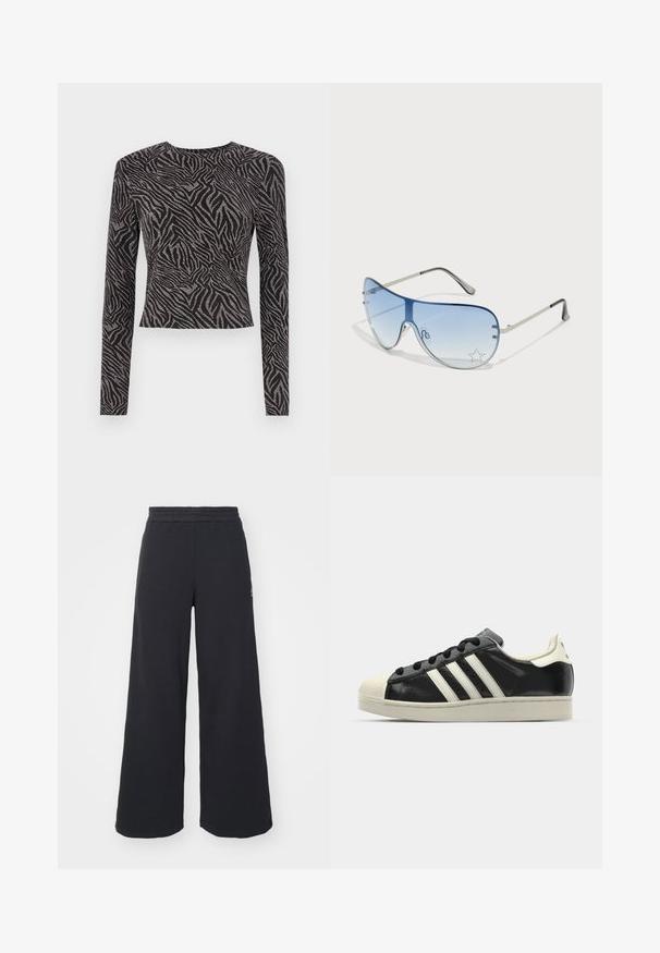 Hosszú ujjú fekete felső, texturált zebra mintával és fényes részletekkel. Testhez simuló dizájn, kerek nyakkivágás, és cropped fazon.; Fekete, bő szárú melegítőnadrág, puha anyagból készült, rugalmas derékkal és egy kis logóval a bal oldalon.; Fekete bőrsneaker fehér csíkokkal, gumírozott orral, fekete fűzővel és krém színű talppal. Simaság és fényes felület jellemzi.; Pilóta napszemüveg, melynek áttetsző kék lencséje, ezüst fém kerete és díszes csillag díszítések találhatók a lencsén. Simogató és elegáns dizájn.