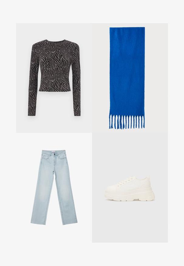 Černý dlouhý rukáv top s texturovaným zebrovým vzorem a metalickými akcenty. Přiléhavý střih, kulatý výstřih a zkrácený střih.; Světle modré denimové široké džíny. Obsahují pět kapes, zapínání na knoflíky a vybledlé detaily. Klasický rovný střih s volným cílem.; Bílé plátěné tenisky s robustní podrážkou, zaoblenou špičkou a pěti otvory pro tkaničky. Zádový pásek pro snadné obouvání. Hladký povrch, minimalistický design.; Modrý šátek s třásněmi vyrobený z měkké tkaniny; má jednobarevný vzhled s texturovaným povrchem a rovnoměrně střiženými třásněmi na spodní straně.