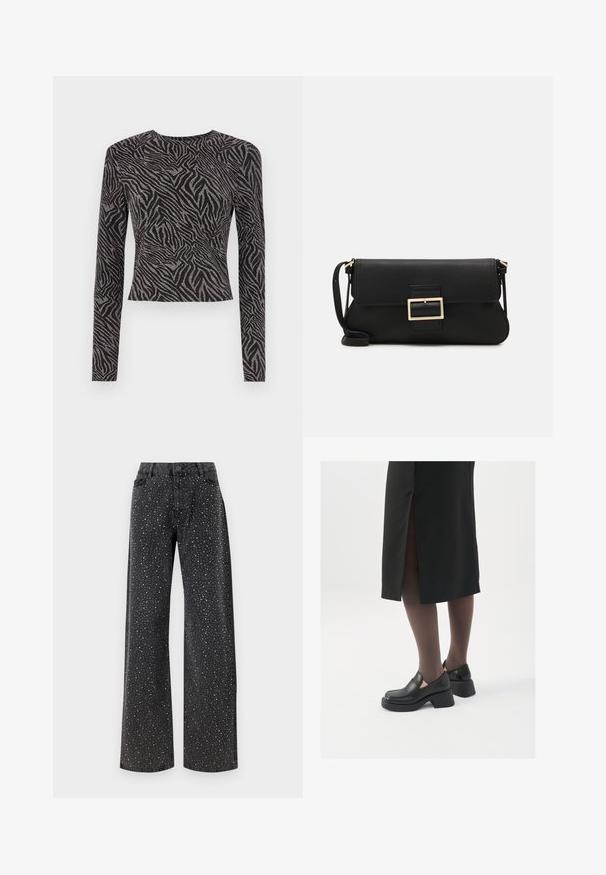 Čierny top s dlhými rukávmi, ktorý má textúrovaný zebrový vzor s metalickými akcentmi. Priliehavý strih, okrúhly výstrih a skrátený strih.; Noisy May NMJANNEL LOOSE - Džínsy voľného strihu - black denim; Čierne kožené topánky s okrúhlou špičkou, silným blokovým opätkom a elastickými bočnými akcentmi, skombinované s tmavými pančuchami a čiernou sukňou so štiepením.; Čierna kožená clutch taška s klopou a zlatým kovovým detailom s prackou. Obsahuje čierny remienok a elegantný, minimalistický dizajn.; Strieborné kruhové náušnice s minimalistickým dizajnom. Cirkulárny tvar, hladký povrch a tenký profil. Ľahké s lesklým povrchom.
