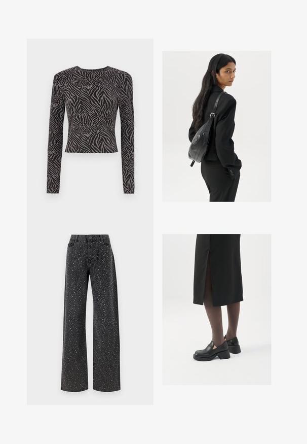 Schwarzes Langarmoberteil mit strukturiertem Zebra-Muster und metallischen Akzenten. Eng anliegendes Design, runder Halsausschnitt und verkürzte Länge.; Noisy May NMJANNEL LOOSE - Jeans Relaxed Fit - black denim; Schwarze Lederschuhe mit abgerundetem Zeh, dicker Blockabsatz und elastischen seitlichen Akzenten, kombiniert mit dunklen Strumpfhosen und einem schwarzen Rock mit Schlitz.; Frau mit langen dunklen Haaren, die einen schwarzen Anzug trägt und eine schwarze Lederschultertasche hält, schaut über ihre Schulter vor einem weißen Hintergrund.; Silberne Creolen mit minimalistischem Design. Rundform, glatte Oberfläche und dünnes Profil. Leichtgewichtig mit hochglänzender Oberfläche.