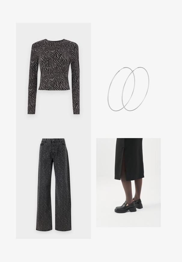 Crni crop top dugih rukava s teksturiranim zebrinim uzorkom i metalnim detaljima. Prilagođen kroj, okrugli izrez i skraćeni oblik.; Noisy May NMJANNEL LOOSE - Traperice opuštenog kroja - black denim; Crne kožne cipele s zaobljenim vrhom, debelim blok petama i elastičnim bočnim detaljima, uparene s tamnim čarapama i crnom suknjom s prorezom.; Srebrne okrugle naušnice s minimalističkim dizajnom. Kružni oblik, glatka tekstura i tanak profil. Lagane s poliranim završetkom.