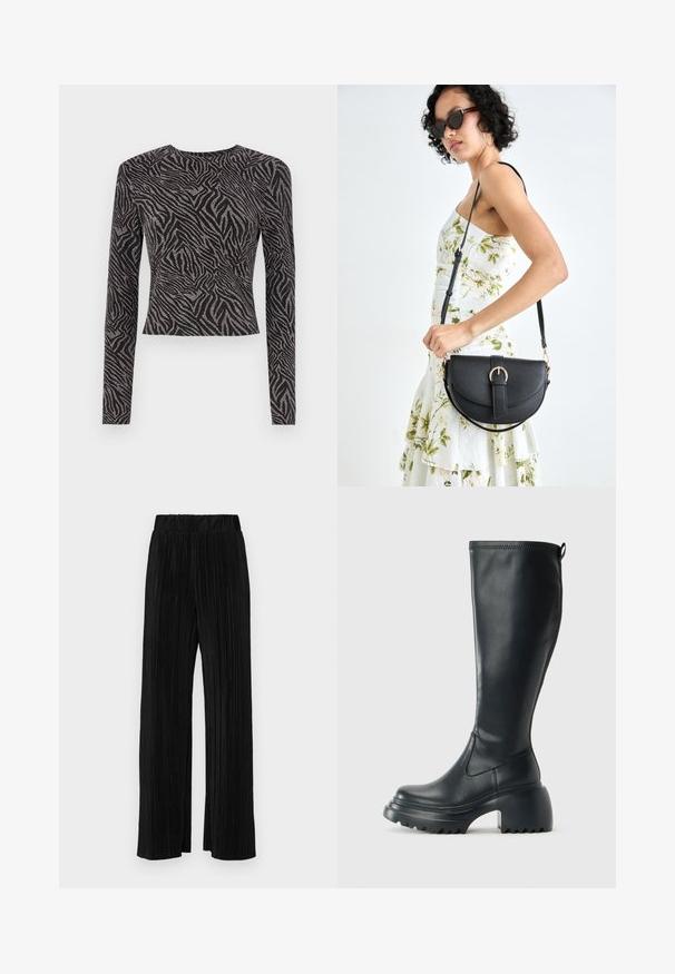 Tricou negru cu mânecă lungă, având un model texturat de zebra cu accente metalice. Design ajustat, decolteu rotund și croială scurtă.; Pantaloni negri plisati cu talie elastică. Prezintă picioare largi și un material neted, texturat, cu dungi verticale.; Cizme lungi din piele neagră cu talpă platformă masivă și tocul pătrat, având un tab de tragere și un model texturat pe talpa exterioară.; Geantă din piele neagră, cu o formă curbată, curea detașabilă și accesorii aurii. Geanta are un capac cu un detaliu tip cataramă.