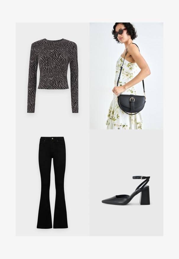 Juodas ilgas rankovėmis viršus su tekstūruotu zebro raštu ir metaliniais akcentais. Priglassią dizainą, apvalų iškirpimą ir trumpą kirpimą.; Juodos aukšto liemens džinsai su mygtuku ir užtrauktuku, priekinėmis kišenėmis ir platėjančiomis kojomis, išdėstyti ant baltos fono.; Juoda odinė smailiagalė aukštakulnio bateliai su kulkšnies dirželiu ir storu kulnu. Lygus paviršius, elegantiškas dizainas ir minimalistiška estetinė. ; Juodas odinis krepšys su išlenkta forma, nuimamu dirželiu ir auksiniais detalėmis. Krepšys turi kilpą su sagtimi.