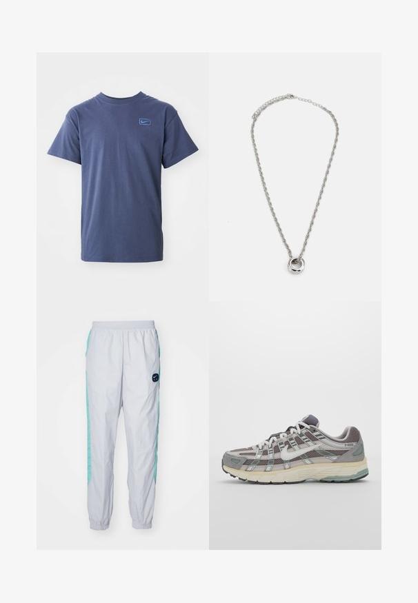 Marineblå kortermet T-skjorte med rund hals og liten lyseblå Nike-logo på venstre bryst.; Hvite joggebukser med en lys aqua sidestropp, elastisk midje, rynkede mansjetter og en sirkulær svart logo på høyre lår.; Grå treningssko med overdel i nett og semsket skinn, hvite detaljer, en polstret såle, og et særpreget design med reflekterende elementer.; Sølvfarget metallhalskjede med et tvistet kjededesign og en sirkulær anheng med polert overflate.