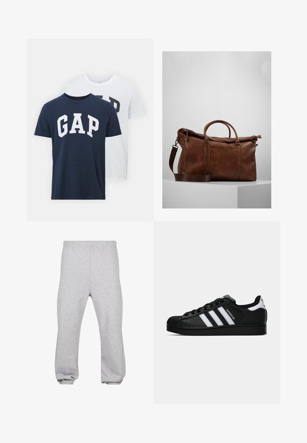 Dvoje tričiek od GAP; jedno tmavomodré s bielym logom "GAP", druhé biele s tmavozeleným logom "GAP". Vyrobené z bavlny, s dizajnom okrúhleho výstrihu.; Sivé tepláky vyrobené z bavlnenej zmesi, s elastickým pásom, zúženými nohavicami a manžetami. Jednoduchý dizajn bez vzorov.; Čierne tenisky Adidas Superstar s bielymi pruhmi, špičkou v tvare mušle a textom "Superstar" na boku, zobrazené v bočnom profilu na bielom pozadí.; Hnedá kožená cestovná taška so zipsovým uzáverom, dvojitými uchami, nastaviteľným ramenným popruhom a viditeľnými textúrami na povrchu.