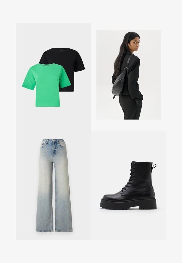 Two short-sleeve T-shirts in green and black cotton. Each has a round neckline and a relaxed fit, featuring no patterns or accents.; Light blue wide-leg jeans made of denim, featuring a high waist, five pockets, and visible stitching along the seams.; Black leather ankle boots with a round toe, lace-up front, and a thick rubber sole featuring a textured tread. Pull tab at the back.; Woman with long dark hair wearing a black suit, carrying a black leather shoulder bag, looking over her shoulder against a white background.