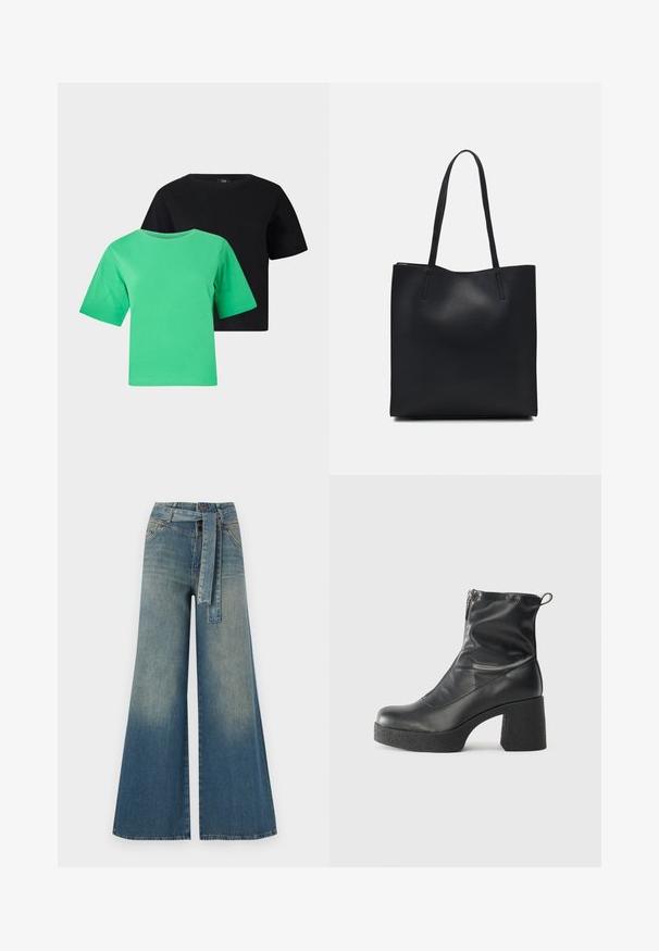 Dvoje tričiek s krátkym rukávom v zelenej a čiernej farbe vyrobených z bavlny. Každé má okrúhly výstrih a voľný strih, bez vzorov alebo dekorácií.; Džínsy s širokými nohavicami, ktoré majú prechod od svetlomodrej po tmavomodrú, vysoký pás, pútka na opasok a opasok z rovnakého materiálu. Textúrovaný denimový povrch.; Čierne členkové topánky z hladkej kože, so bočným zipsom, robustnou textúrovanou pätnou časťou a zaobleným dizajnom špičky.; Čierna kožená taška na rameno s hladkým povrchom, obdĺžnikovým tvarom a dvoma dlhými uchami. Bez viditeľného kovania alebo ozdôb.