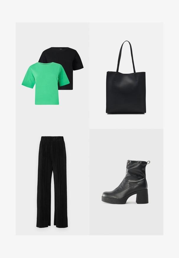 Dvoje tričiek s krátkym rukávom v zelenej a čiernej farbe vyrobených z bavlny. Každé má okrúhly výstrih a voľný strih, bez vzorov alebo dekorácií.; Čierne plisované nohavice s elastickým pásom. Majú široké nohavice a hladkú, textúrovanú látku s vertikálnymi pruhmi.; Čierne členkové topánky z hladkej kože, so bočným zipsom, robustnou textúrovanou pätnou časťou a zaobleným dizajnom špičky.; Čierna kožená taška na rameno s hladkým povrchom, obdĺžnikovým tvarom a dvoma dlhými uchami. Bez viditeľného kovania alebo ozdôb.